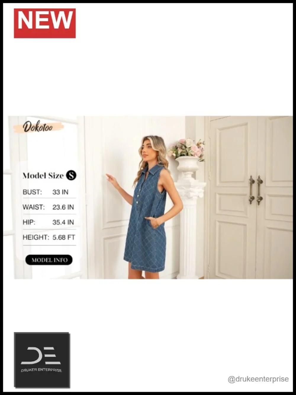 Denim Dress with Pockets Sleeveless V-Neck Button Front